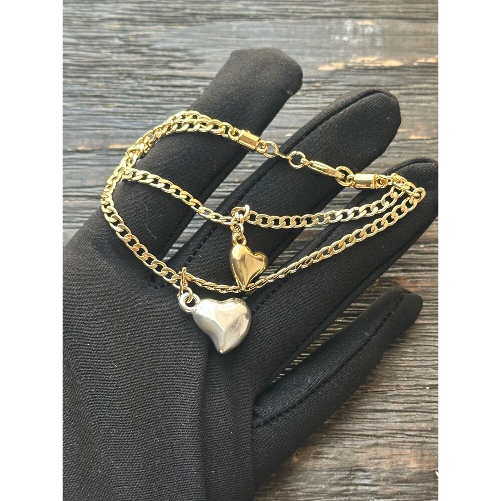 Curve Link Chain Bracelet with Heart Charms in Quality Laminated Gold